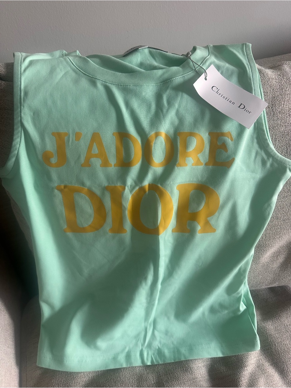 Mint Green Sleeveless Logo Tee with Yellow Print - Picture 3 of 5